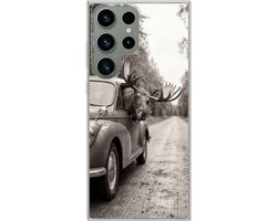 Telefoonhoesje Geschikt voor Samsung Galaxy S23 Ultra hoesje - Eland - Auto - Gewei - Zwart - Wit - Siliconen Telefoonhoesje Telefoonhoesje