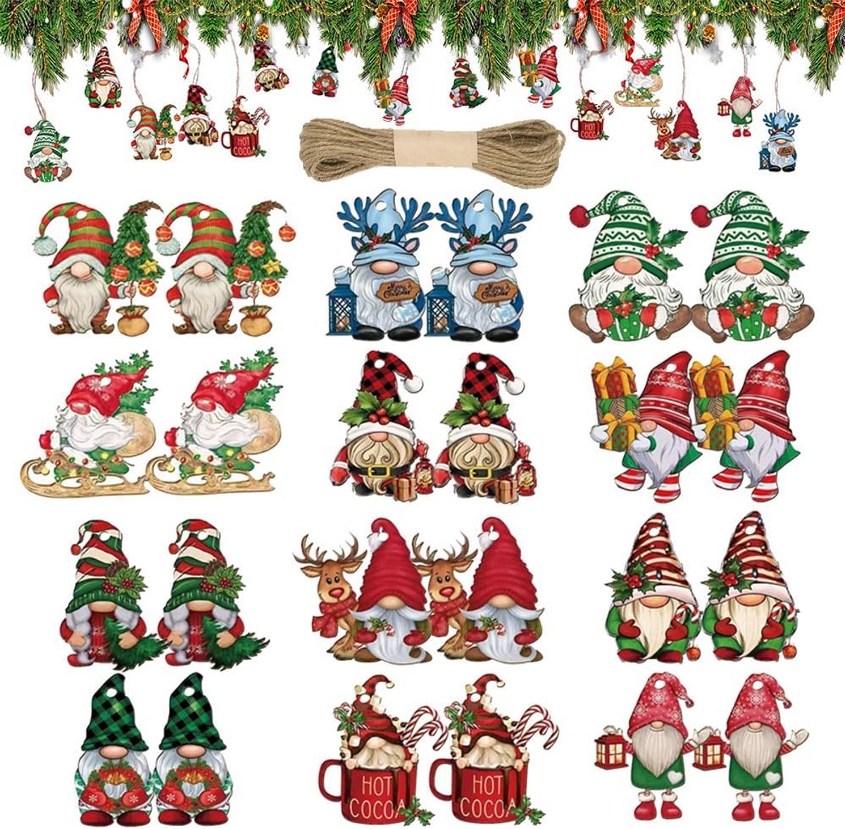 24 Stuks Houten Kerstversieringen Mini Ornamenten - 12 Verschillende Ontwerpen - Kerstboom Decoraties - Feestdecoratie - Binnen en Buiten Gebruik