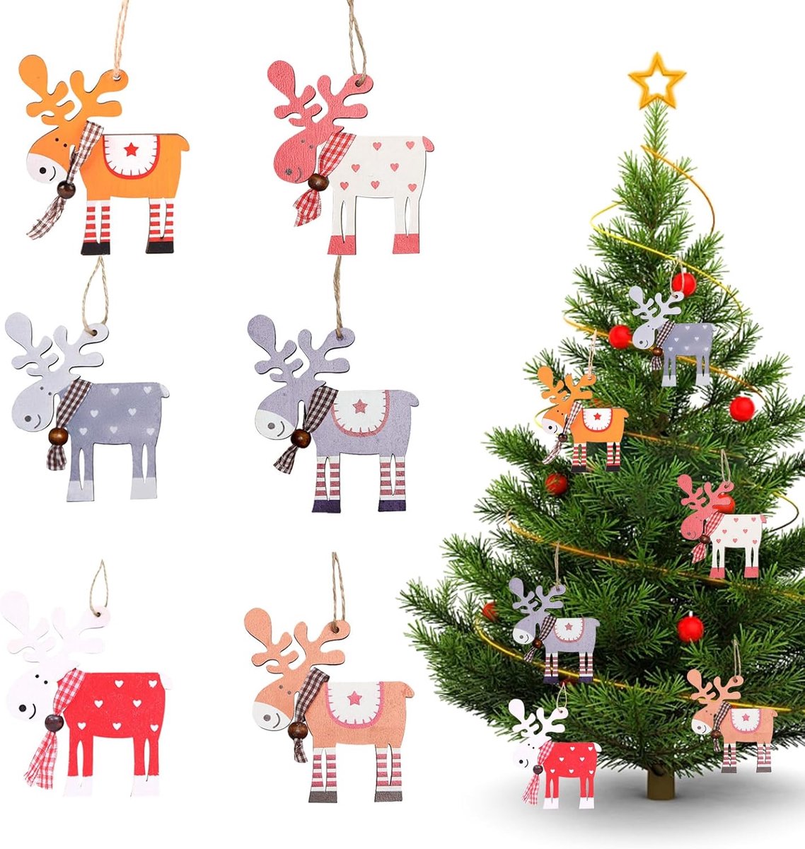12pcs Houten Kerstboomdecoraties - Houten Herten Versieringen - Hangende Ballen - Kerstornamenten - Houten Herten Hangdecoraties met Touw voor Kerstdecoratie Supplies