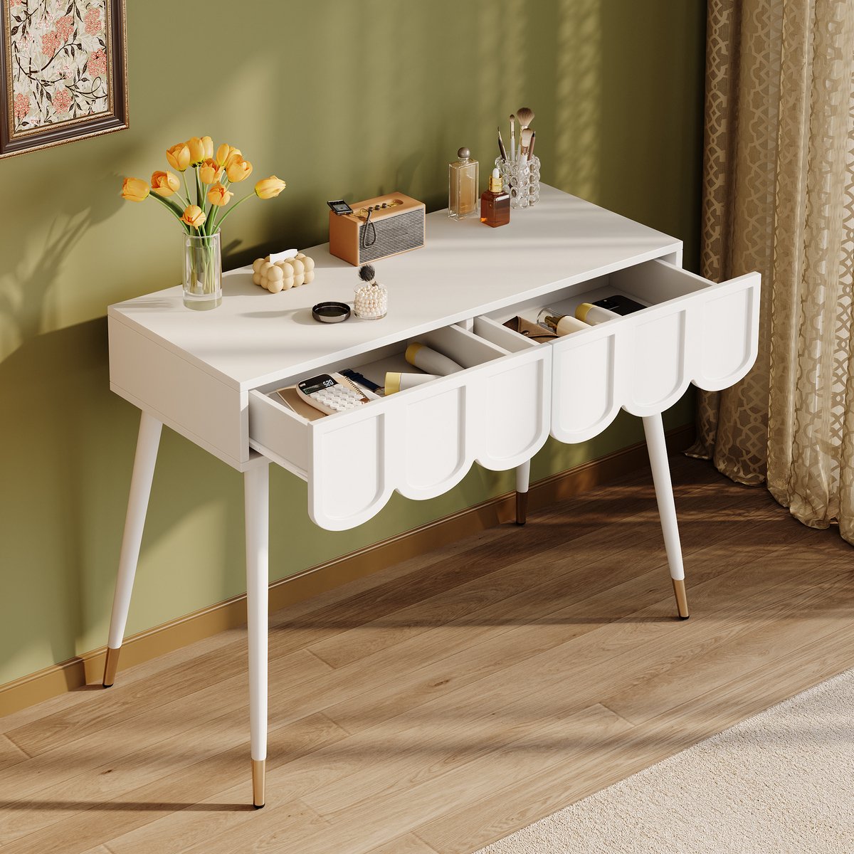 MIVRAY Kaptafel - Met 2 Wolkvormige Lades En Metalen Poten - Als Schminktafel Of Bureau Voor Slaapkamer En Kantoor - Wit - 100x40x76 Cm