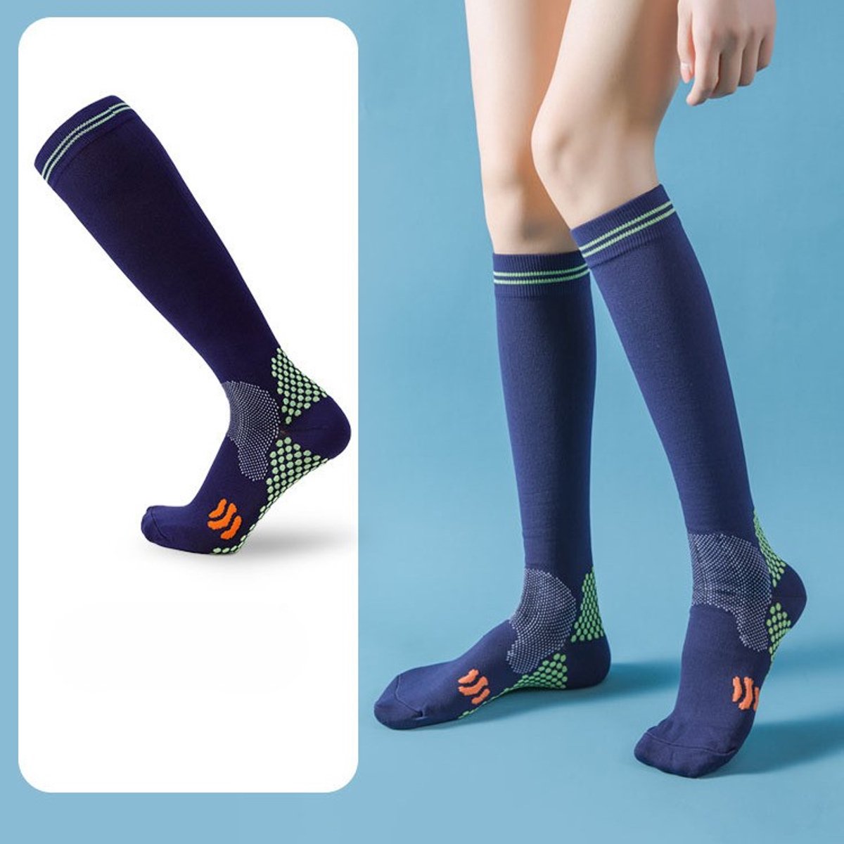 Unisex compressiekousen (1 paar), bevorderen de bloedsomloop, geschikt voor fietsen en hardlopen, springtouwkousen, antislip kniekousen voor binnensporten, Marineblauw