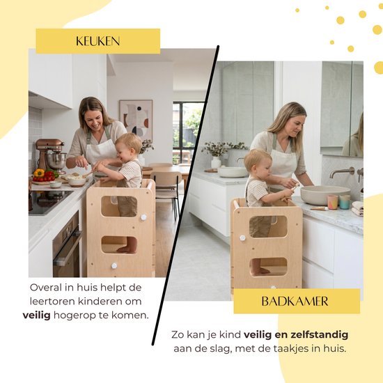 Een kind staat op een houten leertoren in de keuken en een ander kind in de badkamer.