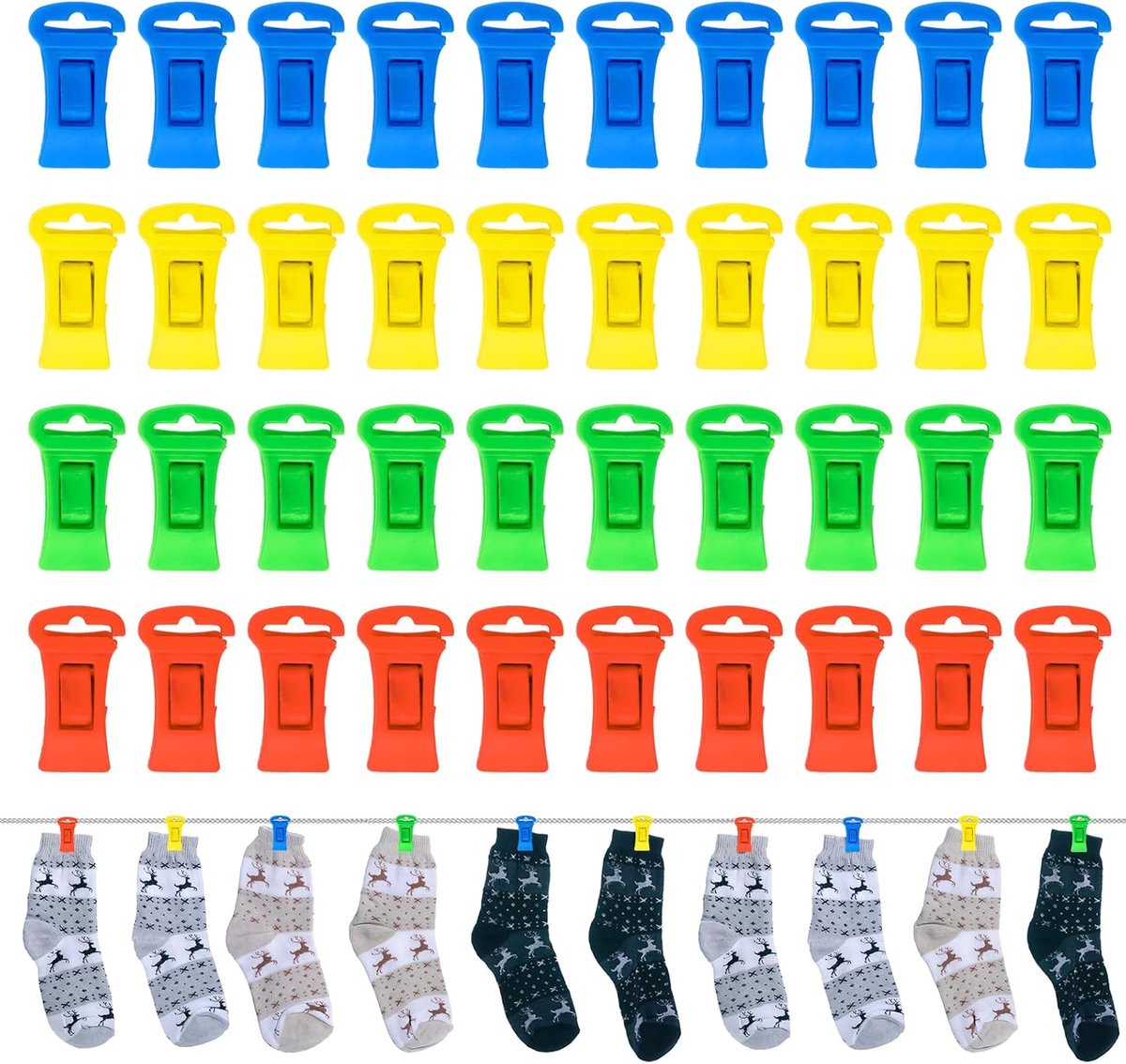 Pack van 40 Multicolour Plastic Sok Clips met Haakjes - Kleine Antislip Sok Clips voor Droger en Hangende Sokken - Schattige Sok Clips en Wasknijpers voor Waslijn