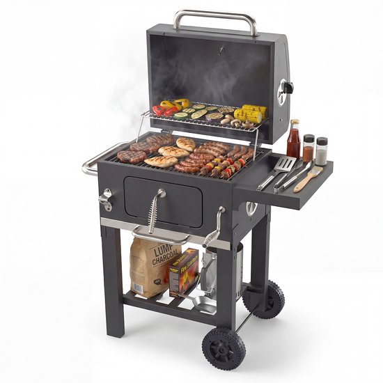 KitchenBrothers Houtskool BBQ Midi - Barbecue Houtskool - RVS Grillroosters - PFAS-Vrij - Met Aslade - 30x40 cm Grilloppervlak - Vaderdag Cadeau - Zwart
