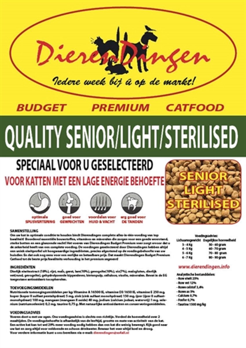 Kattenvoer Budget Premium - Senior Light 15kg - Lichtverteerbaar, Met Lam en Vis, Voor Gesteriliseerde Katten