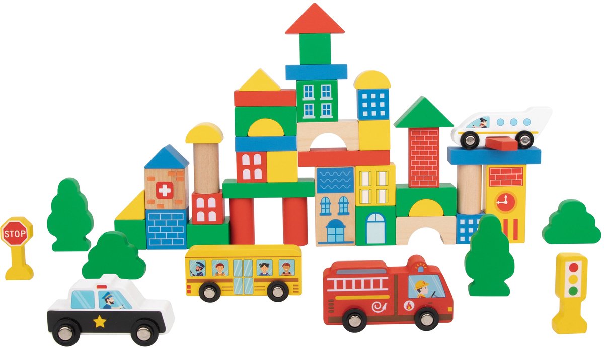 Tooky Toy Bouwblokken - FSC Hout - Stad - 50-Delig: Voertuigen en Gebouwen - Geschikt voor 2+ Jaar (Peuters) - Houten Blokken - Bouwstenen - Educatief & Montessori Speelgoed