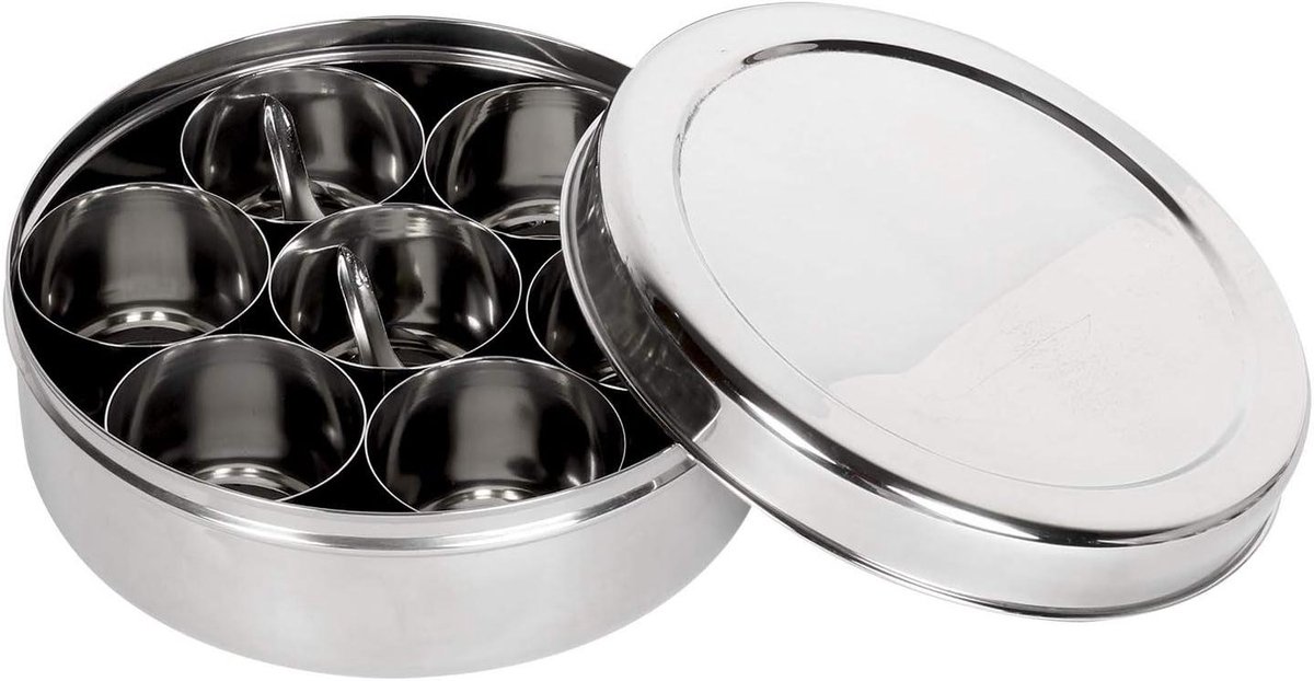 Spice Container - Masala Dabba - Keuken Organiseren - Met Zichtdeksel - 20.3 cm - Zilver