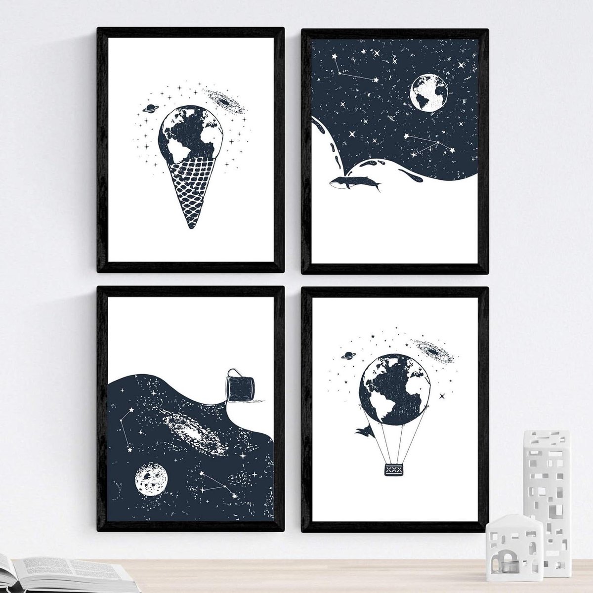 Natuurposters Set - Wanddecoratie Prints - Woonkamer Inrichten - Scandinavische Stijl - A3 formaat - Donkerblauw en Wit