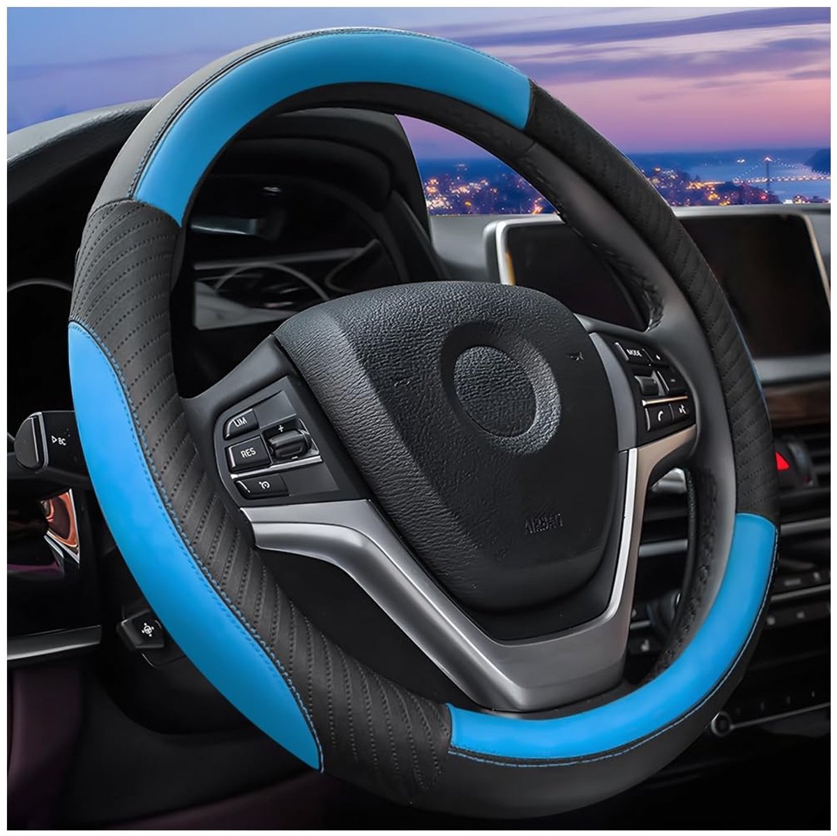 Store_8 - Stuurhoes Auto - Ademend en Antislip - 38 cm Stuurhoes - Echt Leer - Universeel - Zwart/Blauw - Geschikt voor alle auto's