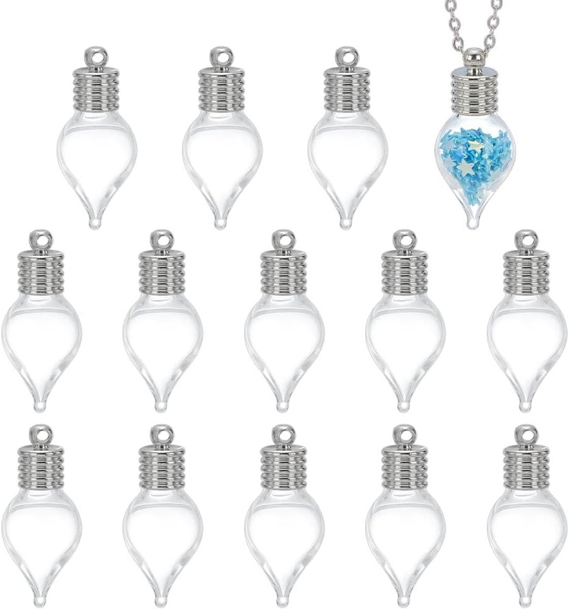 14Pcs Waterdruppel Glazen Fles Hangende Hanger met Platina Schroefdop voor Sieraden Maken, DIY Cadeaus en Creatieve Projecten