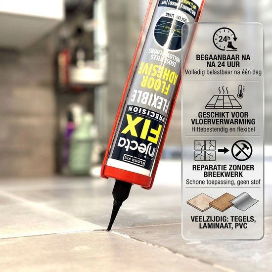 Injecta FIX lijmkoker die op vloertegels wordt aangebracht; tekst zegt 'Reparatie zonder breekwerk', 'Geschikt voor vloerverwarming'.