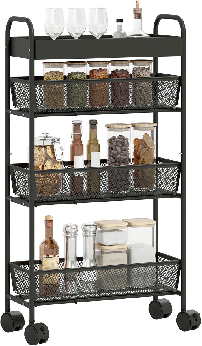 Killogood 4-laags opbergwagen - verrijdbare serveerwagen - 3 schuifmanden - bovenste mandmaat 19x43,2x80cm - zwart