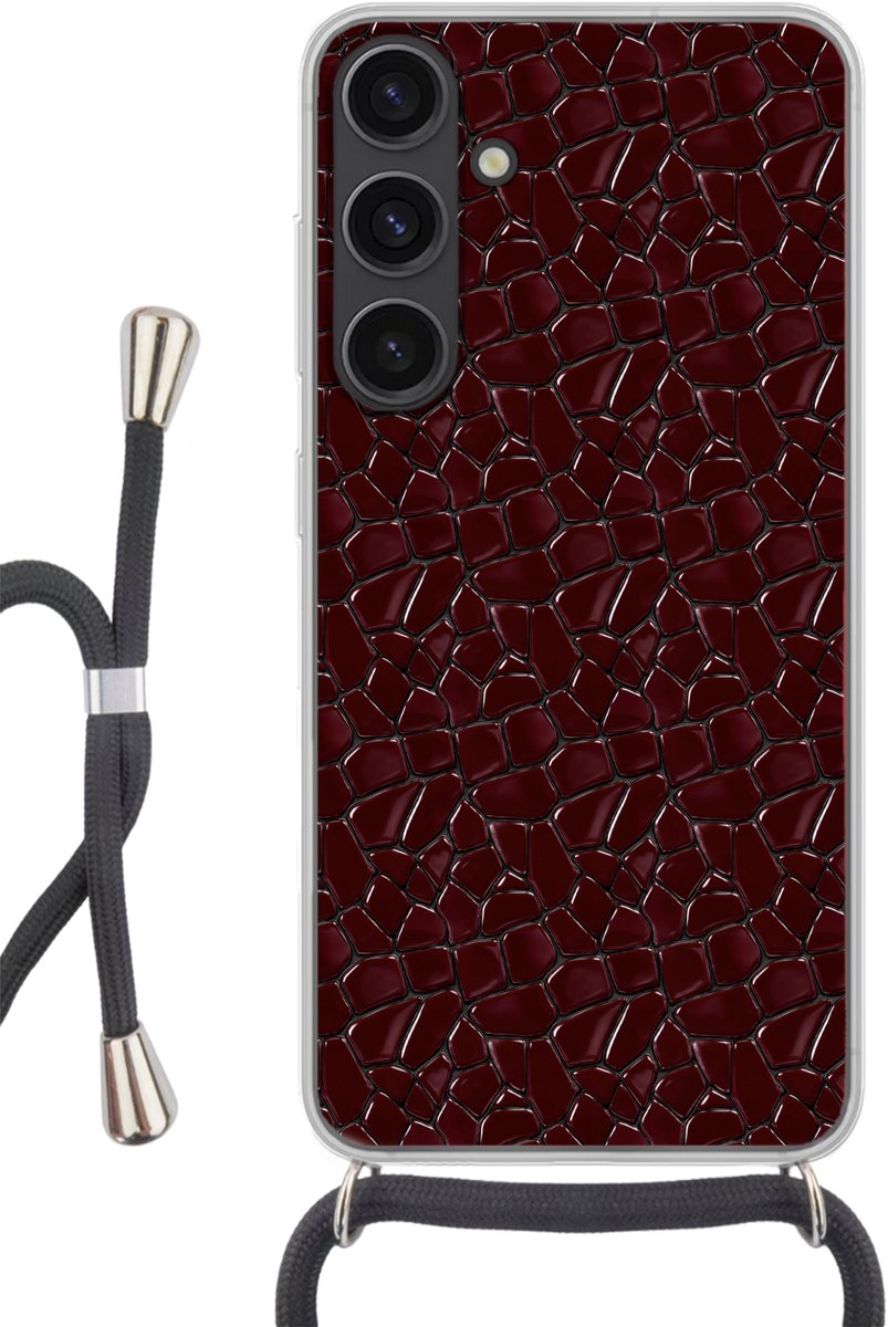 Telefoonhoesje Geschikt voor Samsung Galaxy S24 Plus - Mozaïek - Tegel - Bordeauxrood - Siliconen - Crossbody - Backcover met Koord - Telefoonhoesje met koord - Hoesje met touw Telefoonhoesje