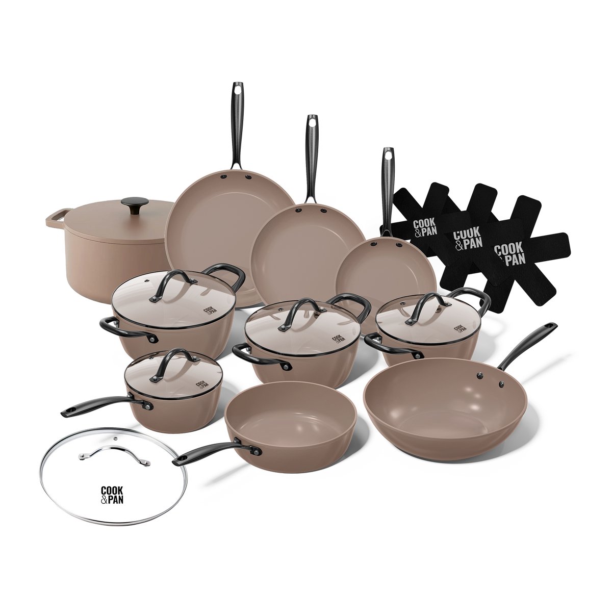 Cook & Pan 12-Delige Pannenset Taupe - PFAS vrij - Alle Warmtebronnen - Pannen Set met 7 jaar Garantie - Krasbestendige Anti Aanbaklaag - Vaatwasserbestendig - Koekenpan, Wokpan, Steelpan, Hapjespan, Kookpot, Gietijzeren Braadpan, Pannenbeschermers