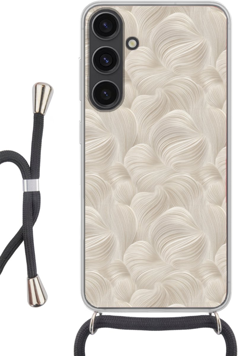Telefoonhoesje Geschikt voor Samsung Galaxy S24 - Lijnen - Waaier - Beige - Siliconen - Crossbody - Backcover met Koord - Telefoonhoesje met koord - Hoesje met touw Telefoonhoesje