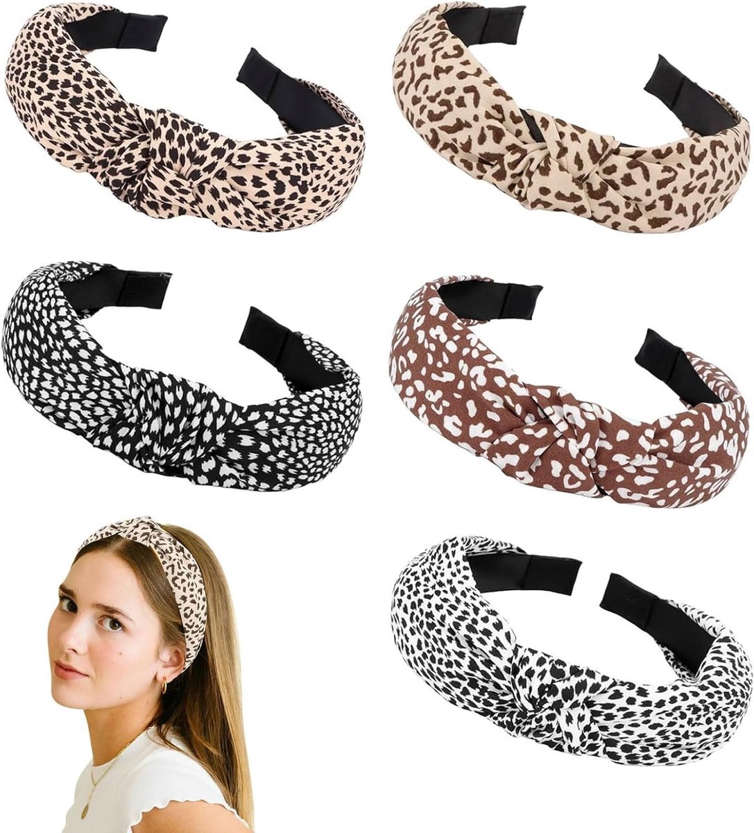 5-delige Knoop Haarbanden voor Dames en Meisjes, Beige Bruin Luipaardprint, Mode Haaraccessoires voor Dikker en Dunner Haar, XL Formaat, Comfortabele en Stijlvolle Haarbanden