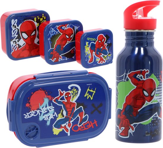 Spiderman lunchset met drinkfles en drie snackboxen. De set is blauw met rode details en Spiderman prints.