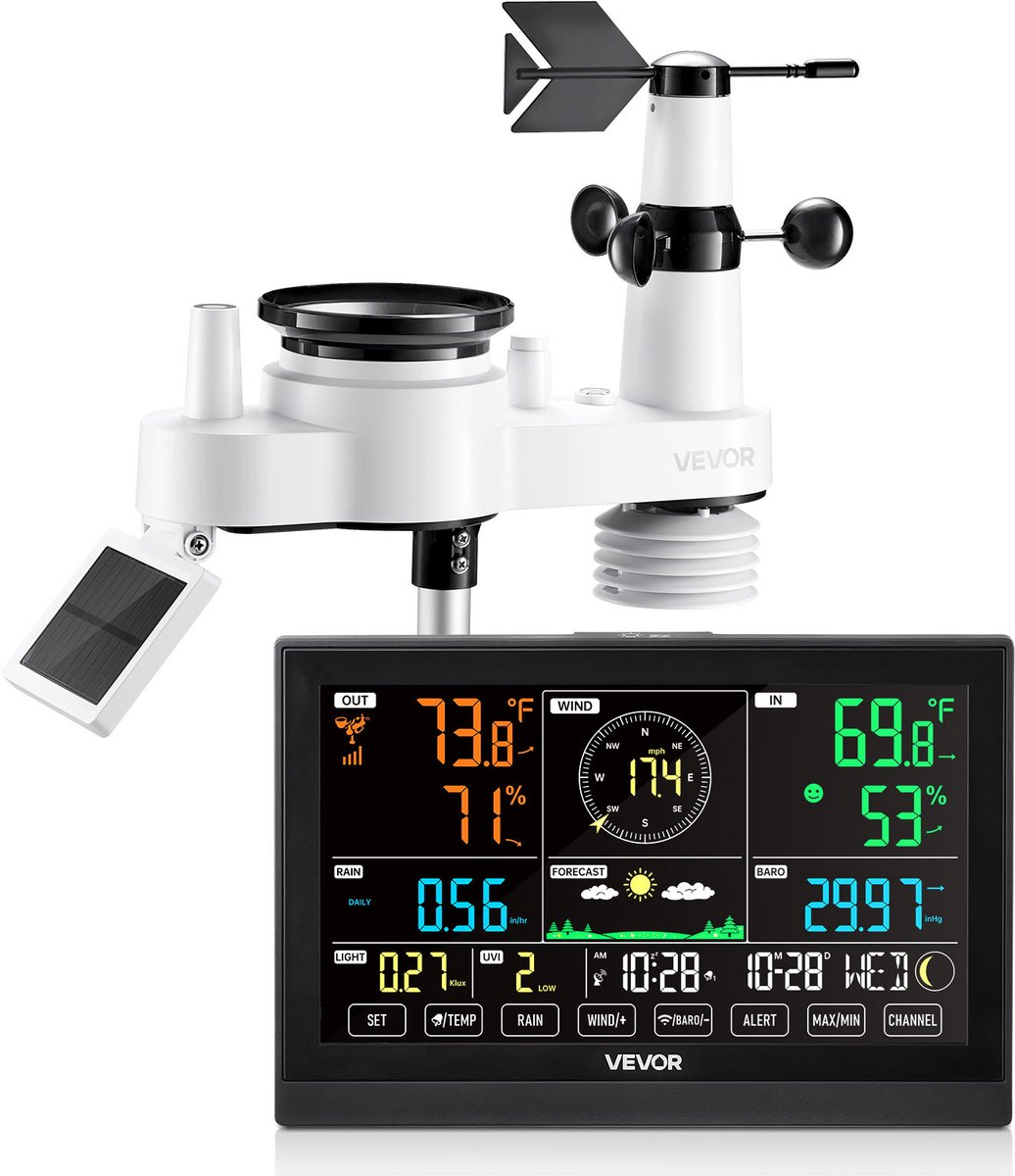 VEVOR 7-in-1 Draadloos Weerstation, 7,5-inch Display, Op Zonne-energie Werkende Buitensensor, Regenmeter, voor Weersvoorspelling, Temperatuur, Luchtvochtigheid, Windsnelheid en -Richting (Geen Wifi)