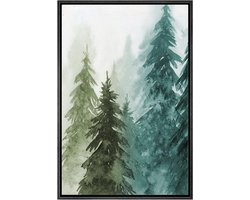 SIGNWIN Canvas print muurkunst bos kinderkamer decor groen en groenblauw aquarel bos dennenbomen bloemen natuur illustraties modern chic voor woonkamer, slaapkamer, kantoor - 60 x 91 cm zwart