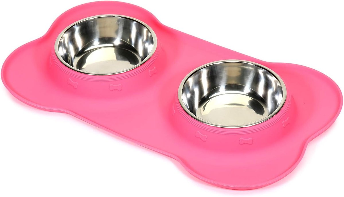 OLOEY Twee roestvrijstalen hondenbakken met morsbestendige en antislip siliconenmatjes-Geschikt voor het voeren van kleine-middelgrote en grote honden-katten en puppy's ( roze)