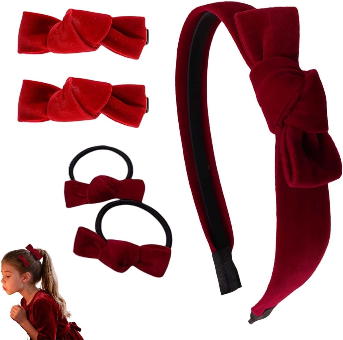 Elegante Rode Velours Haarband Set met 1 Haarband en 2 Paar Strik Haaraccessoires voor Dagelijks Gebruik en Feestelijke Gelegenheden