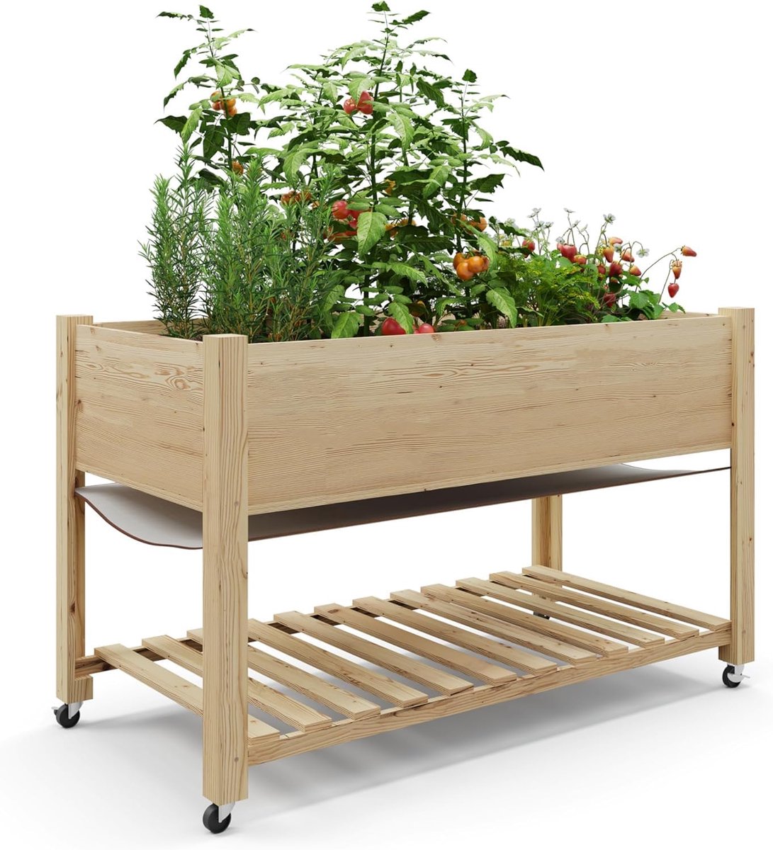 Verhoogde Moestuinbak op Wielen - Houten Kweekbak op Poten - Cederhout - 122 x 61 x 76 cm - Voor Tuin, Balkon en Terras