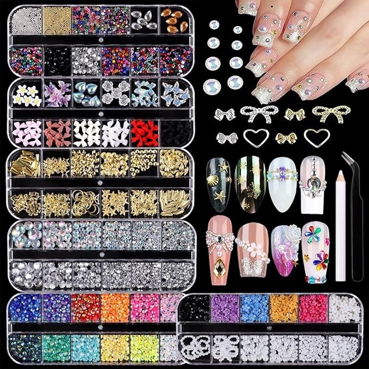 Nail art set met 6 doosjes strass-steentjes en accessoires
