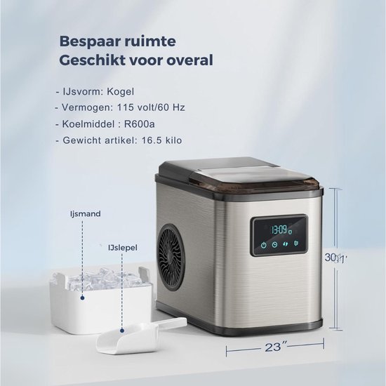 Aurixi® Krachtige IJsblokjesmachine - 2 Afmetingen - Zelfreinigende IJsmachine - IJsblokjesmachine Crushed Ice Machine - Crushed Ice Maker in Enkele Minuten - 2L - LED-Scherm - Zwart/Zilver- 41cm x 28cm x 36cm van Aurixi — afbeelding 2
