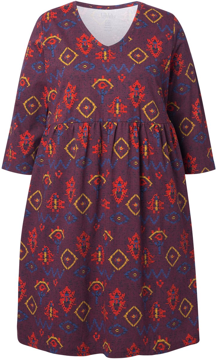 Ulla Popken Dames - Longshirt A-lijn V-hals 3/4-mouwen zakken - Donker wijnrood - Maat 66+