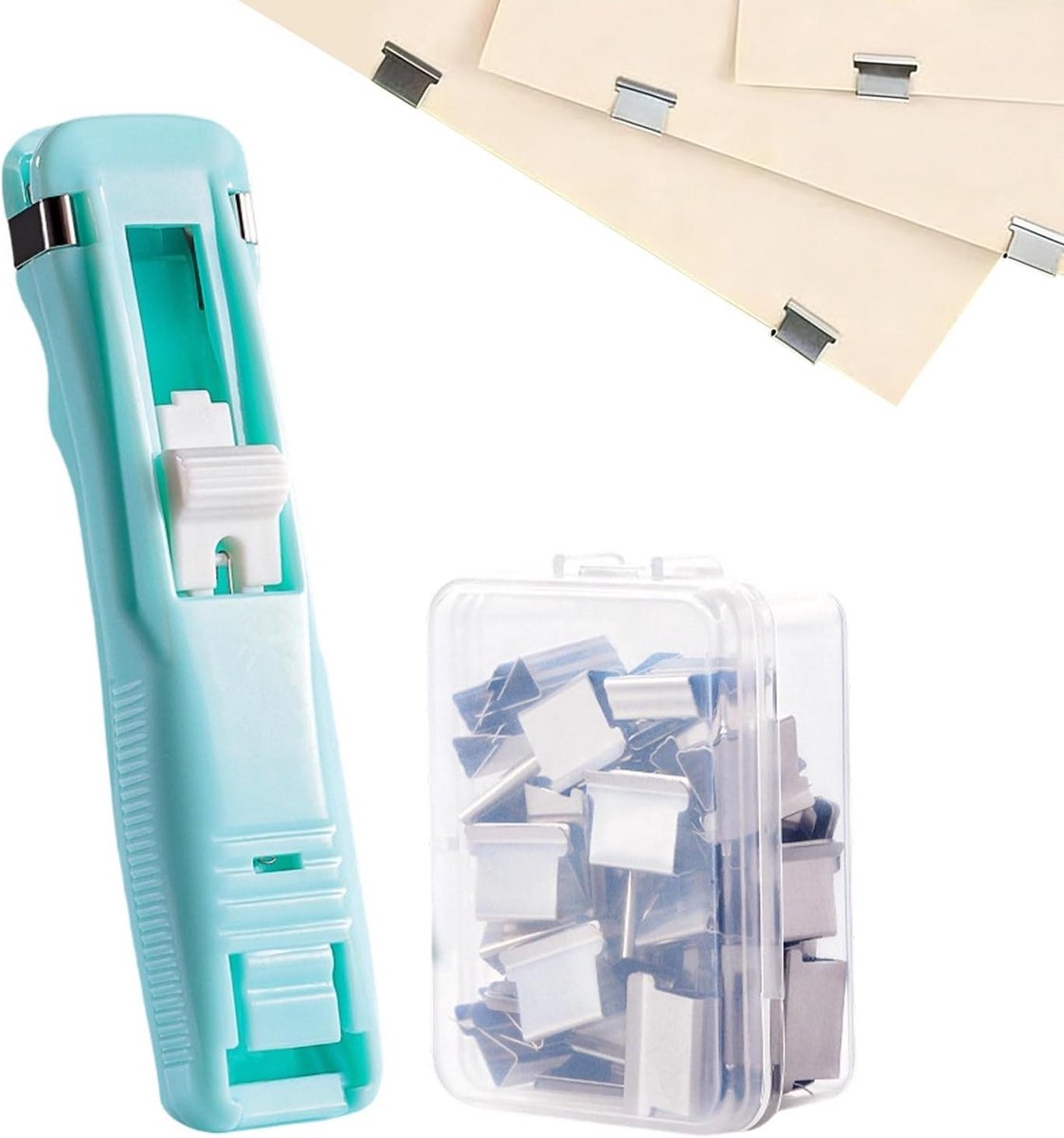 Nietmachine Dispenser - Klemhouder - Documenten Organiseren - Nietvrije Binding - 40 Vel Capaciteit - Blauw