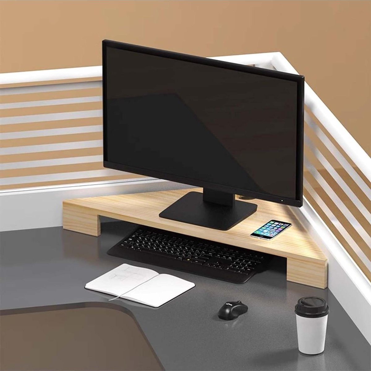 Monitor Verhoger - Bureau Organizer - Werkplek Verbeteren - Ruimtebesparend Hoekontwerp - Hoogte 7.5cm - Houtkleur