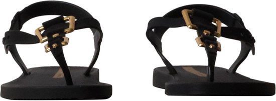 Paar zwarte Ipanema slippers met gouden gespen.