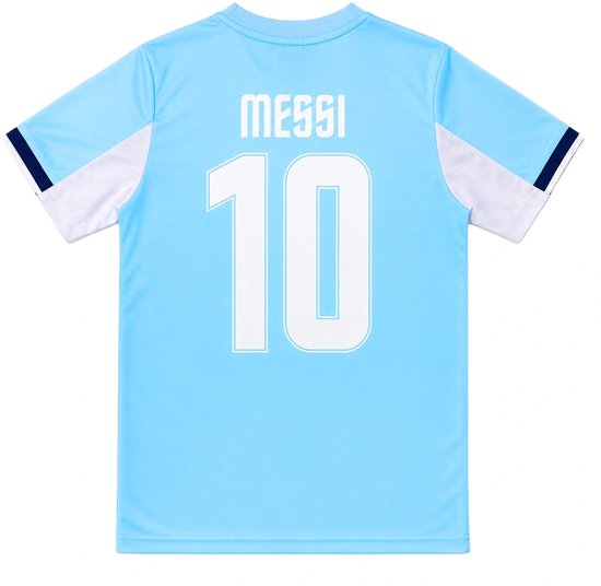 Achterkant van een lichtblauw voetbalshirt met de naam 'MESSI' en nummer '10' in witte letters en cijfers.