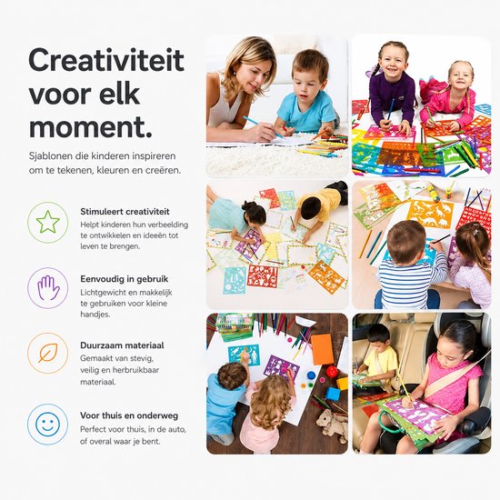 Collage van kinderen die creatief bezig zijn met sjablonen en potloden, binnenshuis en in de auto.