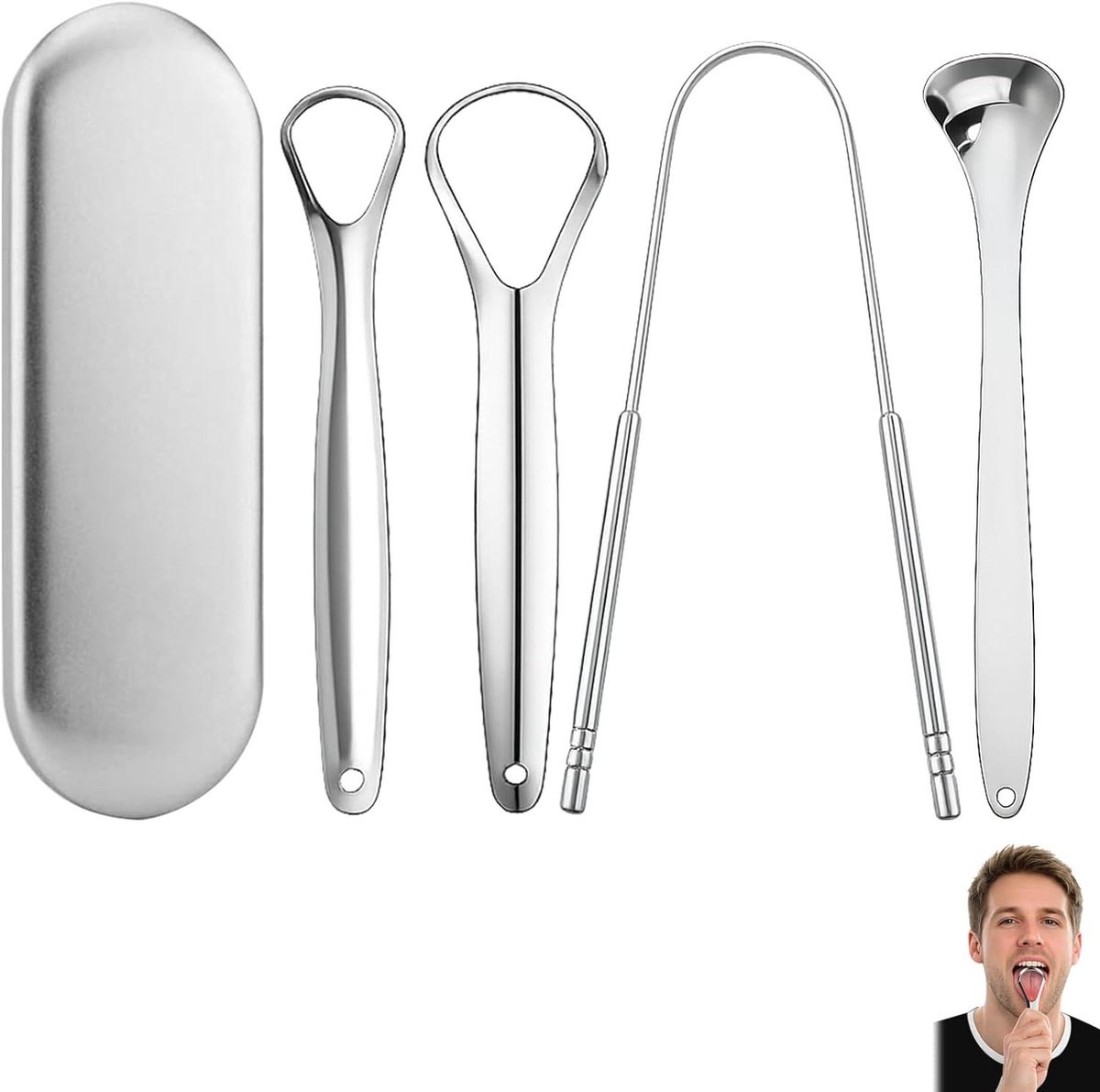 Tongschraper Set - Tongreiniger Mondhygiëne - Frisse Adem Creëren - Roestvrij Staal - 4 Stuks - Zilverkleurig