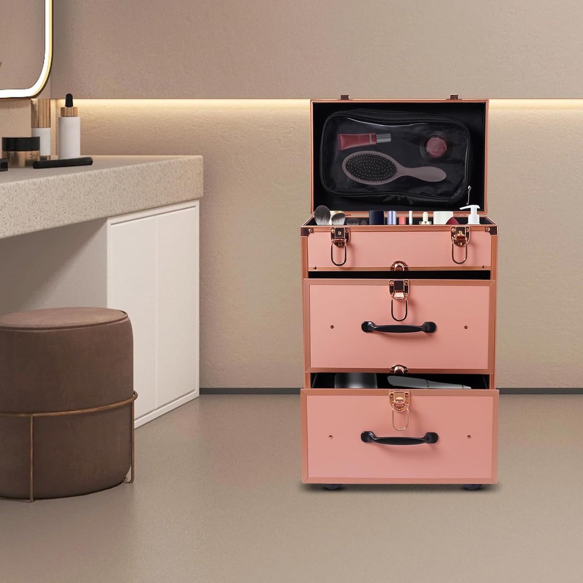 Cosmetica Trolley - Make-up Koffer - Mobiel Werken - Intelligent Organisatie Systeem - 36x23x58 cm - Goud