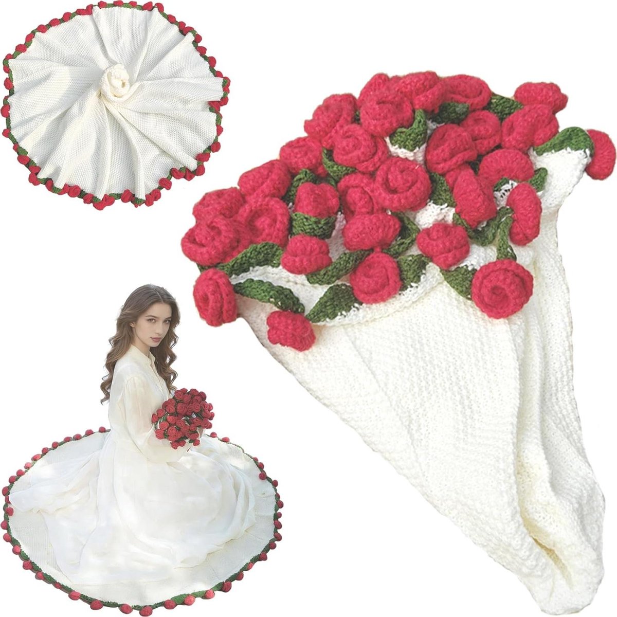 Gehaakt Rozenboeket - Bloemendeken - Woondecoratie - 2-in-1 ontwerp - 110 cm - Roodwit