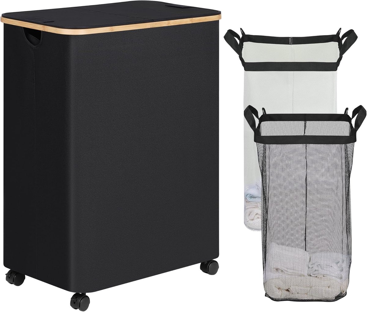 Dubbele Wasmand Vuile Kleding Mand Sorteren Wasgoed Met Wielen Deksel 160 Liter Zwart