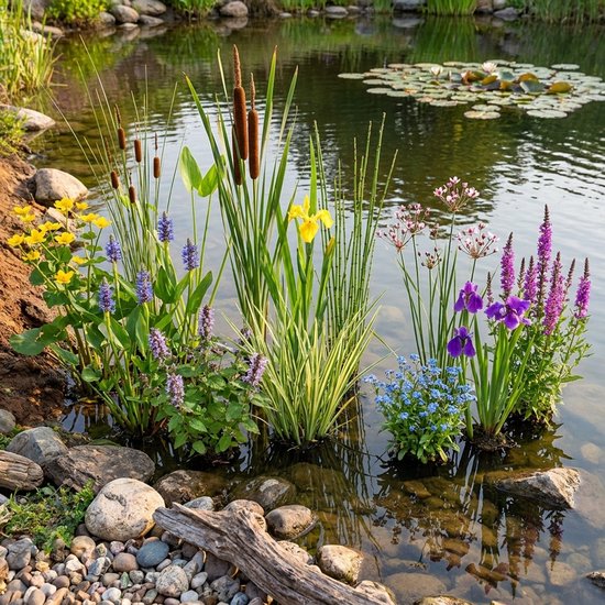 Een groep winterharde waterplanten met gele, paarse en blauwe bloemen in ondiep water.