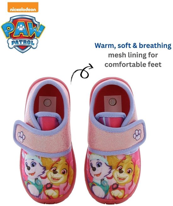 Roze Paw Patrol pantoffels met klittenbandsluiting en afbeeldingen van Everest, Skye en Marshall.