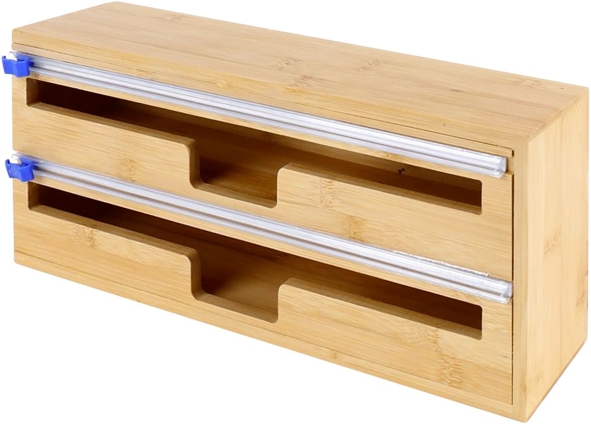 Cheffinger, Foliedispenser voor Voedsel en Aluminiumfolie van Bamboe Dubbel Compartiment, Beige