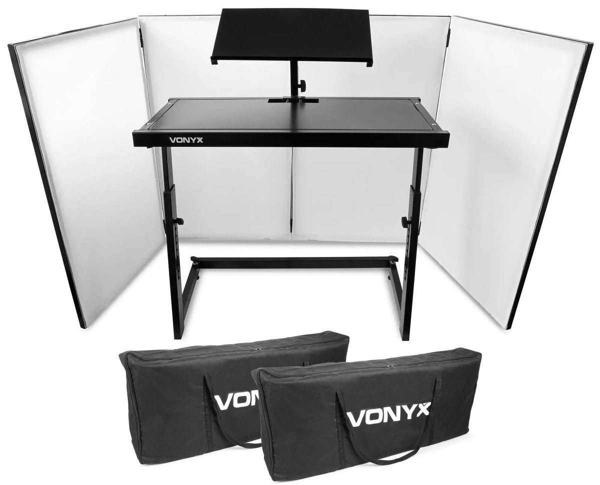 Vonyx Inklapbare DJ Booth set compleet - Mobiele DJ stand met meubel, scherm en draagtassen - Wit