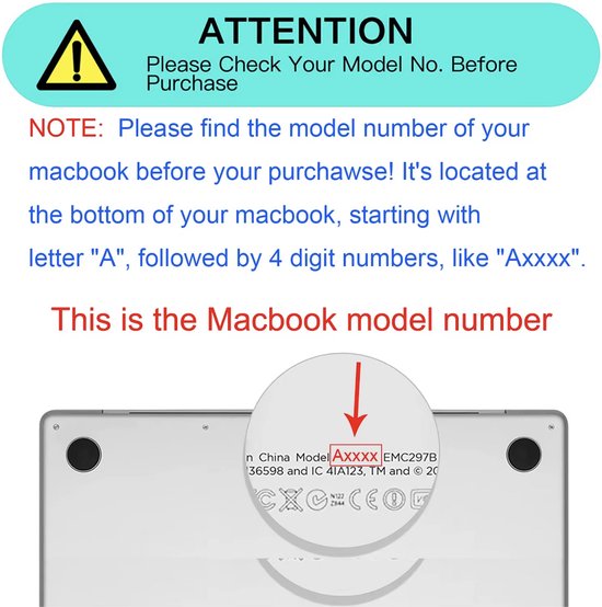 Gele waarschuwing met tekst 'ATTENTION' en instructies om het MacBook-modelnummer op de onderkant te controleren, met een vergrote weergave.