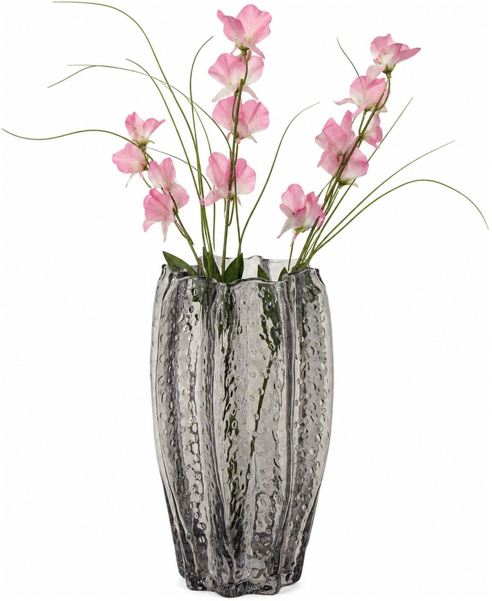 Mega Collections Bloemenvaas Callas - bewerkt sier glas - D13 x H23 cm - transparant smoke grijs - boeket en stelen - Moderne stijl