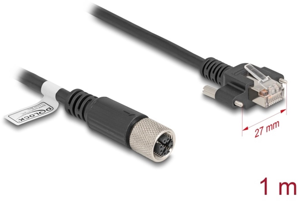 Delock M12 Cable X-coded 8 pin female to RJ45 plug with screws Cat.6A S/FTP 1 m black