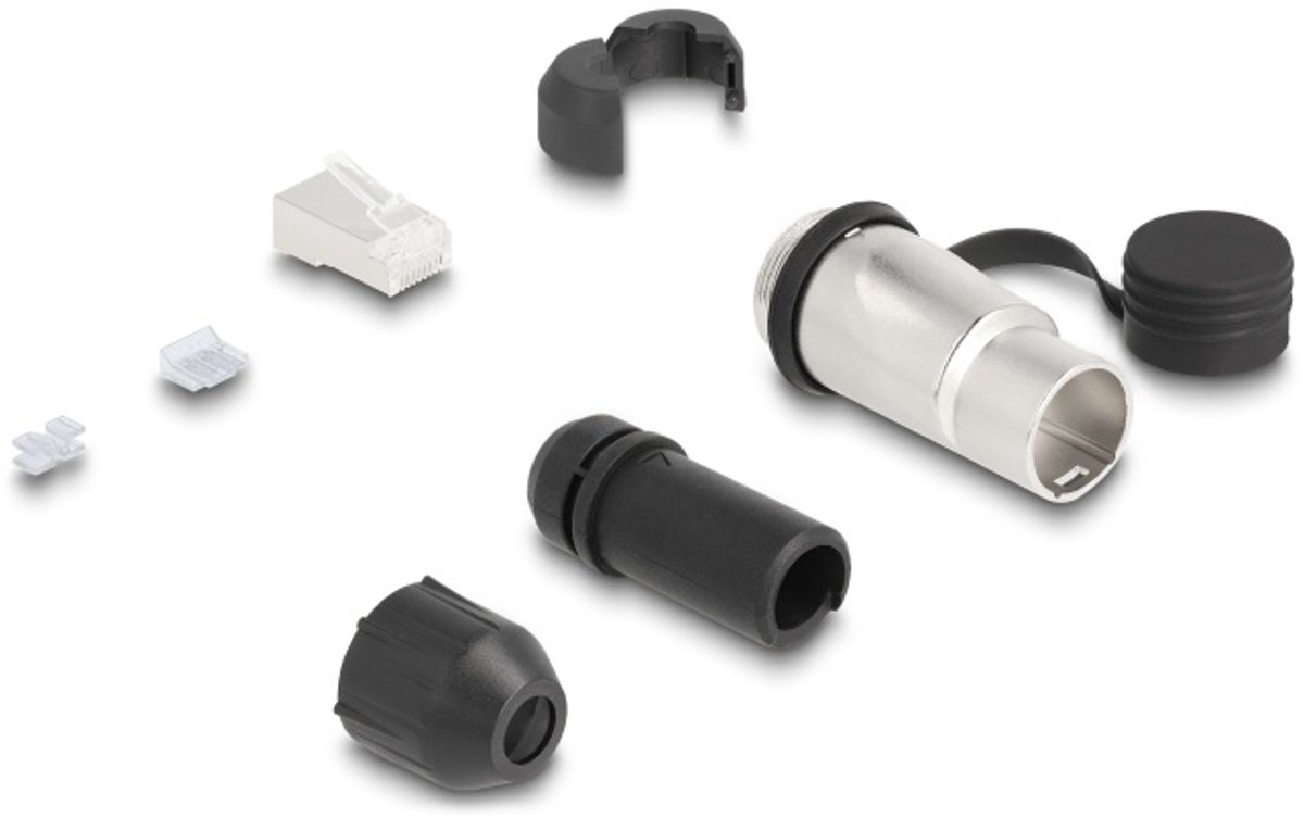 RJ45 Modular Plug Cat.6A for self-assembly with robust cable plug housing coupler and protective cap suitable for Delock feed-through couplers 67061 and 67062 IP66 dust and waterproof