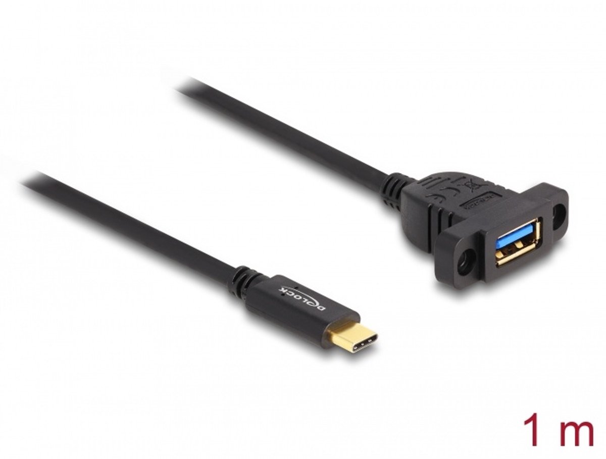 Image of Delock SuperSpeed USB 10 Gbps (USB 3.2 Gen 2) Cable USB Type-C™ male to USB Type-A female 1 m panel-mount black