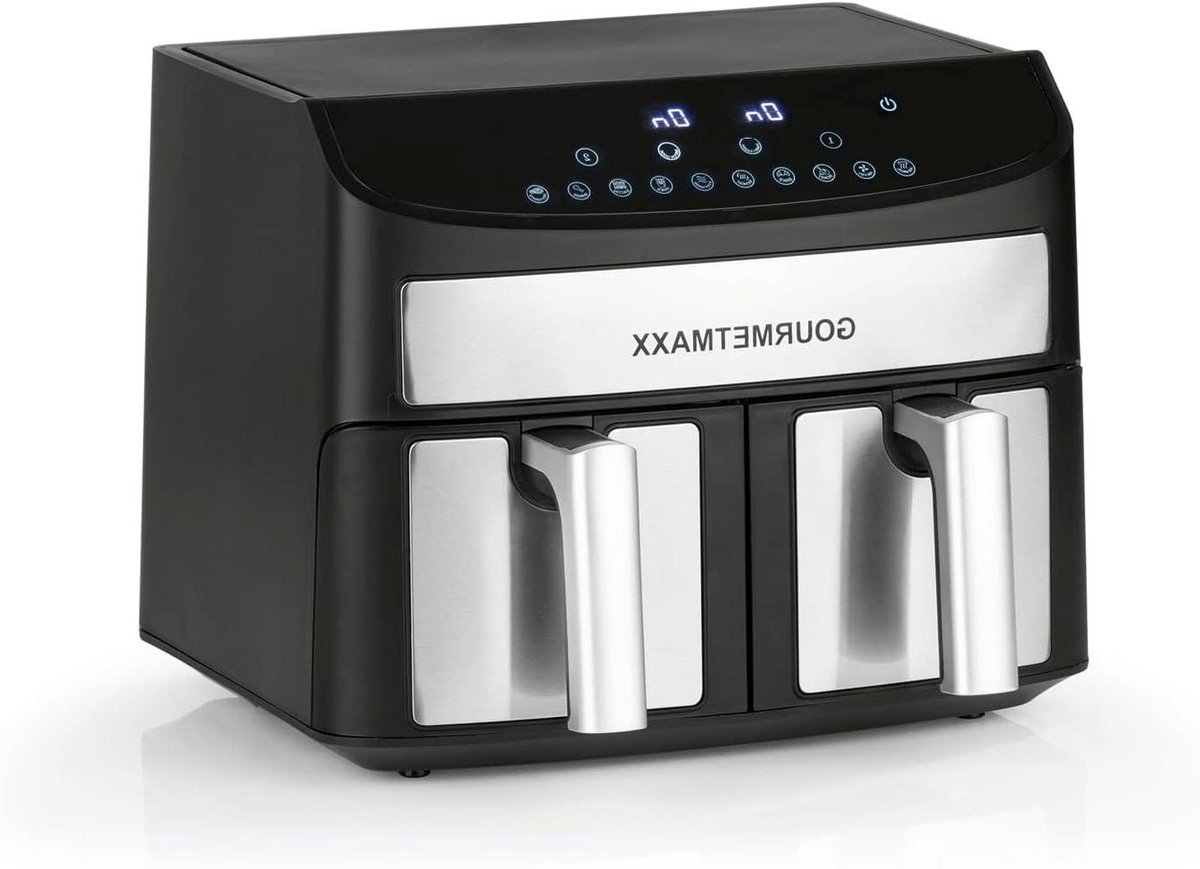 Heteluchtfriteuse Dubbele Kamer - Airfryer Twee Bakken - Vetarm Koken - Synchro Kookzones - 7 Liter Totaal - Roestvrij Staal Zwart
