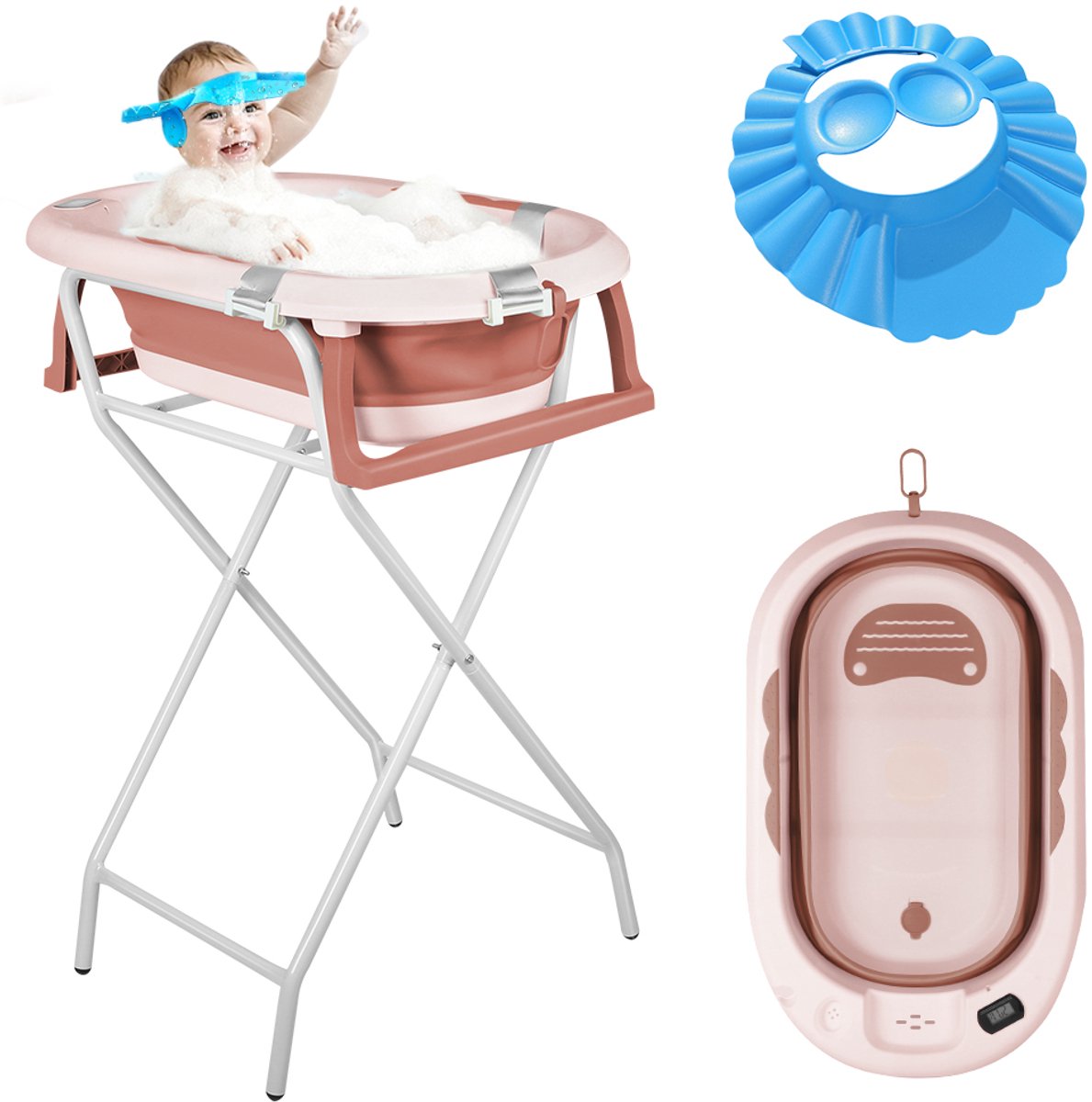 PIPIPOXER-Babybadje Opvouwbaar - Babybad met standaard - Peuterbadje - Opvouwbaar bad kinderen - Incl Badkussen - Roze
