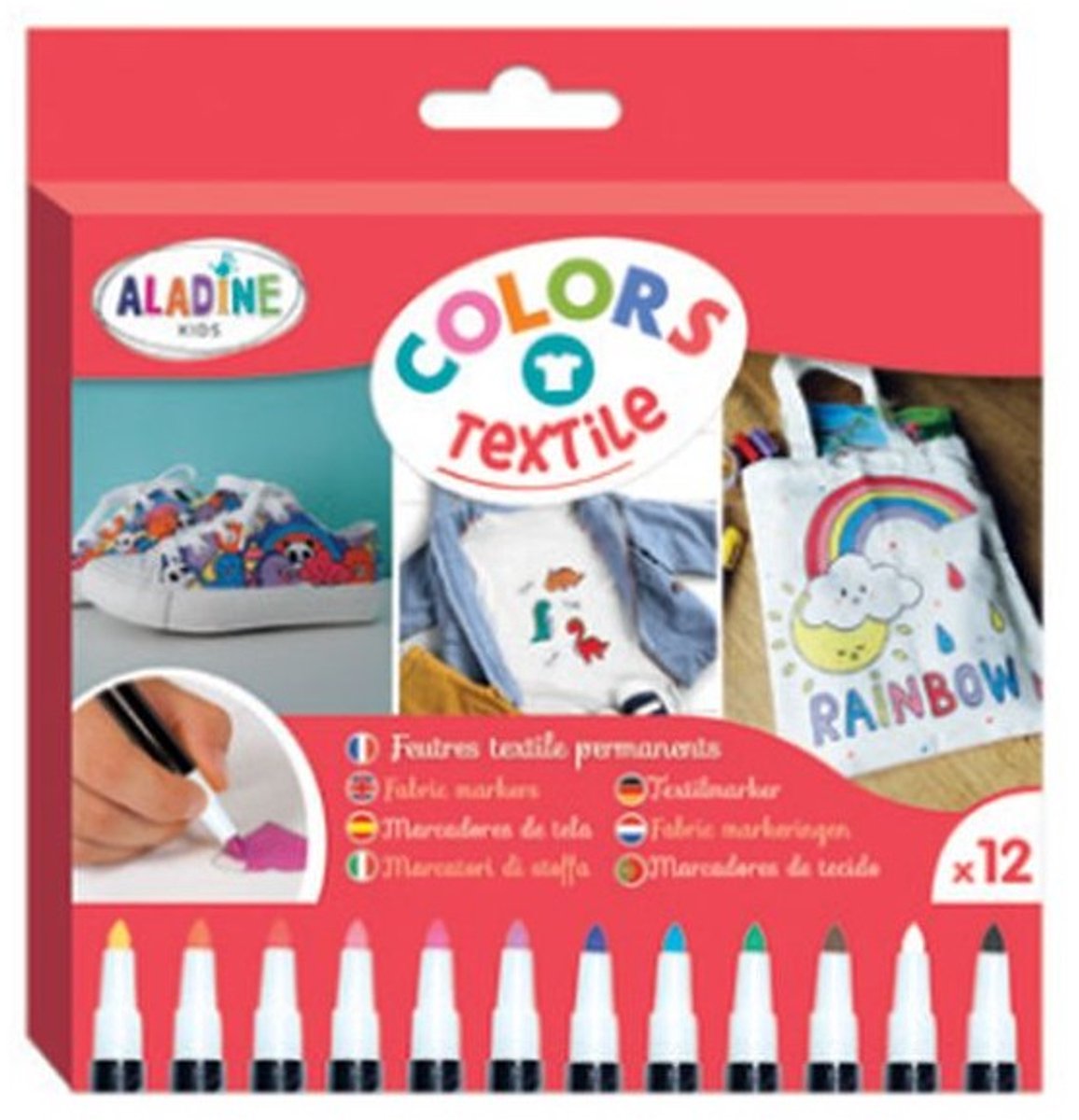 Aladine textielstiften voor kinderen - creatieve textiel markers set 12 kleuren.